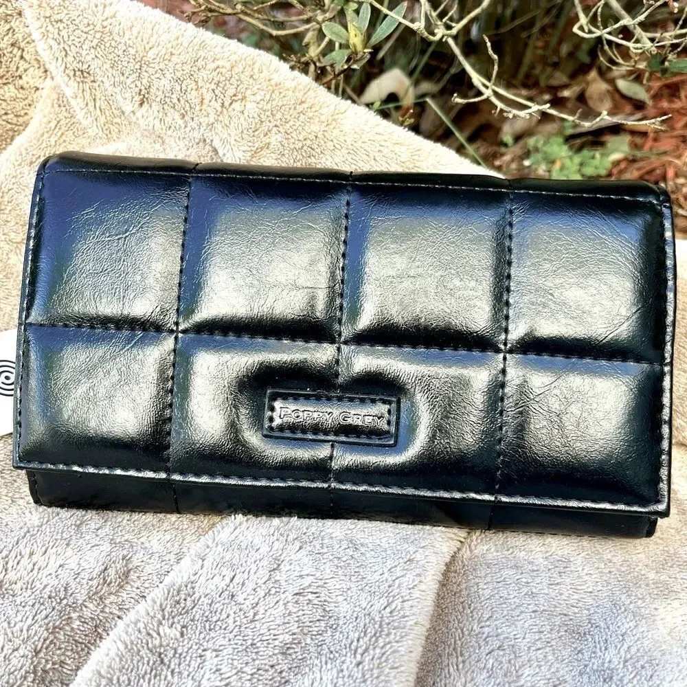 POPPY GREY FAUX LEATHER LARGE BIFOLD WALLET W/RFID-FREMONT/JET BLACK NWT